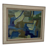 Huile sur toile originale – « Bleu et vert » par Lennart Kindgren – Vintage et encadrée