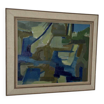 Original Swedish Oil On Canvas – “Blue And Green” By Lennart Kindgren – Vintage & Framed