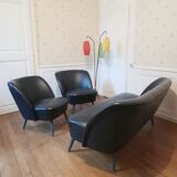 Living room sofa 2 black leather armchairs