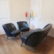 Salon canapé 2 fauteuils chauffeuses cuir noir