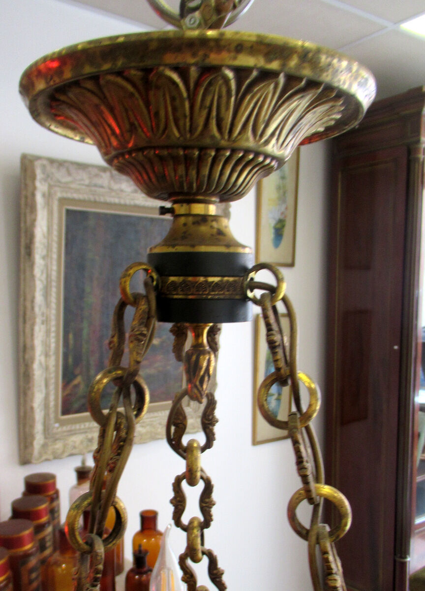 Empire style chandelier gilded bronze and green painted sheet metal