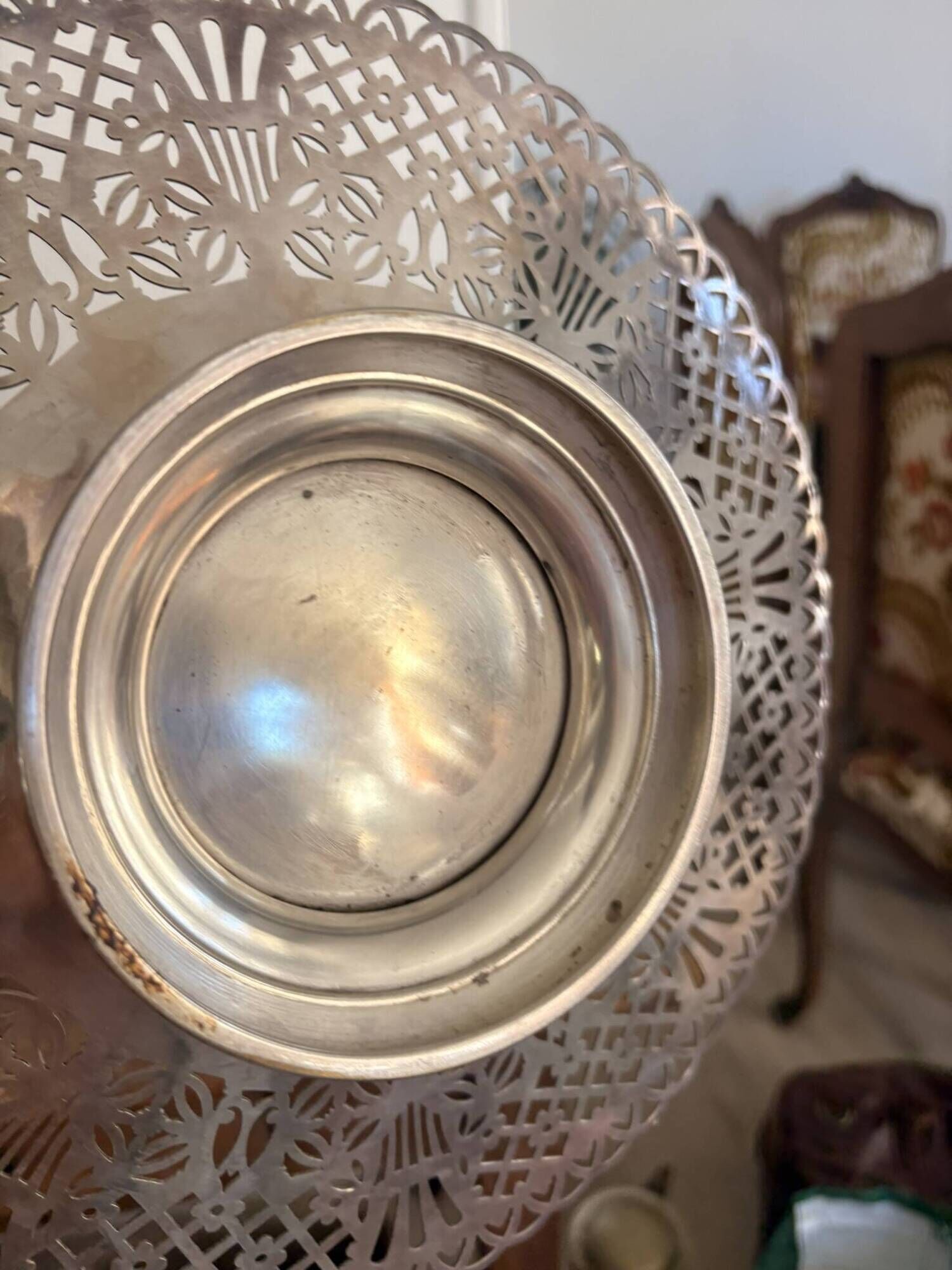 Silver metal footed fruit bowl vintage empty pocket.