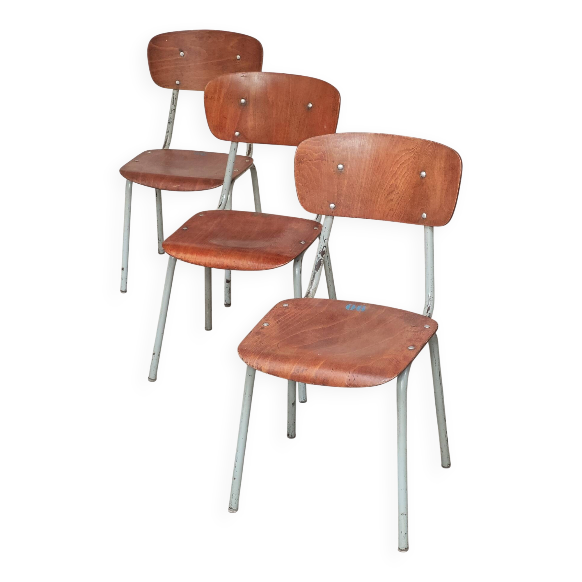 Set of 3 Czech school chairs in metal and wood.