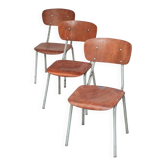 Set of 3 Czech school chairs in metal and wood.