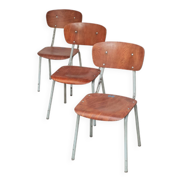 Set of 3 Czech school chairs in metal and wood.