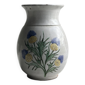 Grand vase en terre cuite blanc à motifs de chardons vintage H:30,5cm