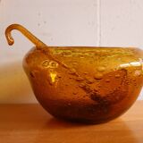 Vintage amber blown bubble glass salad bowl and ladle.