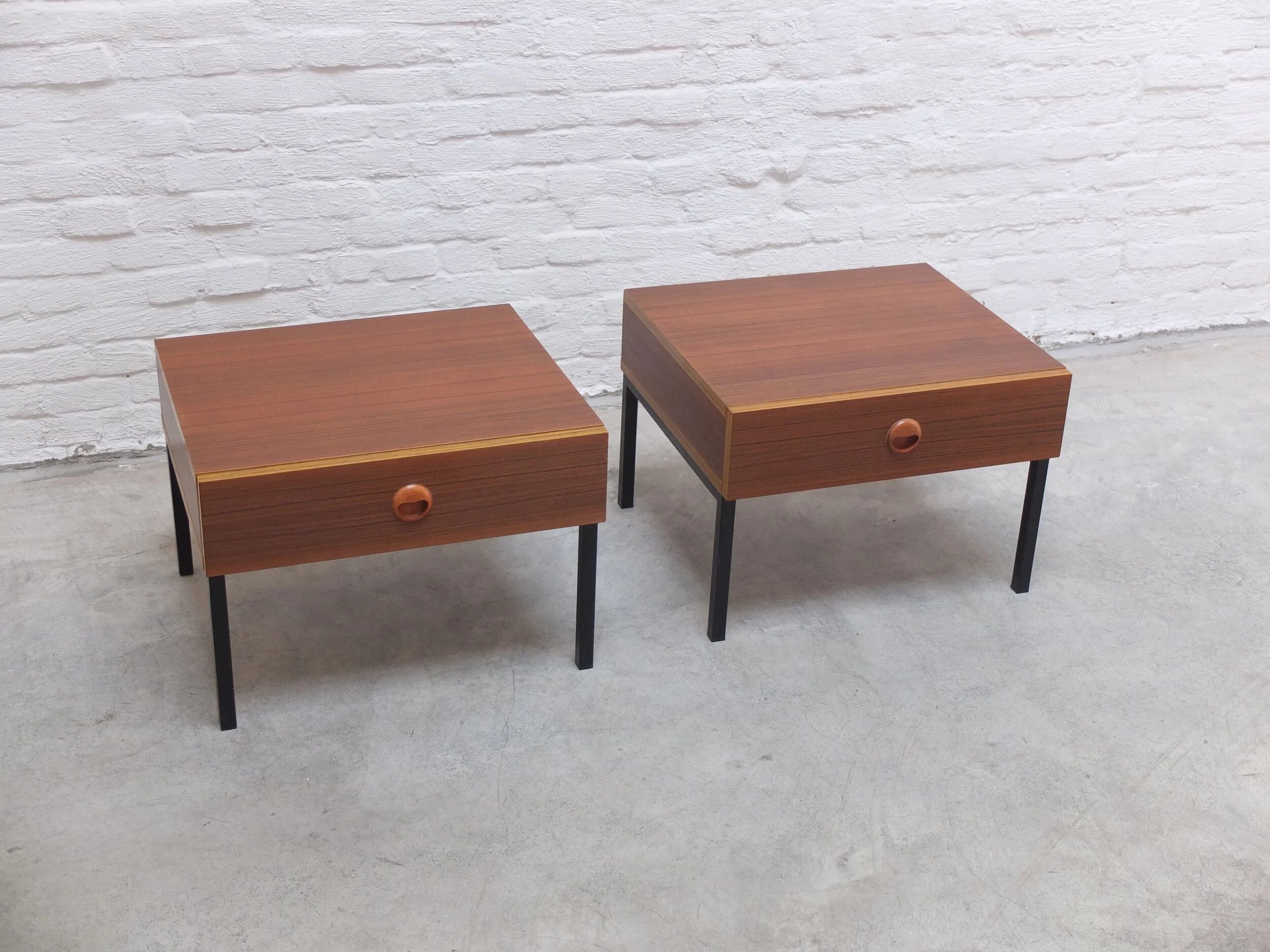 Modernist pair of bedside tables with drawers, 1960s