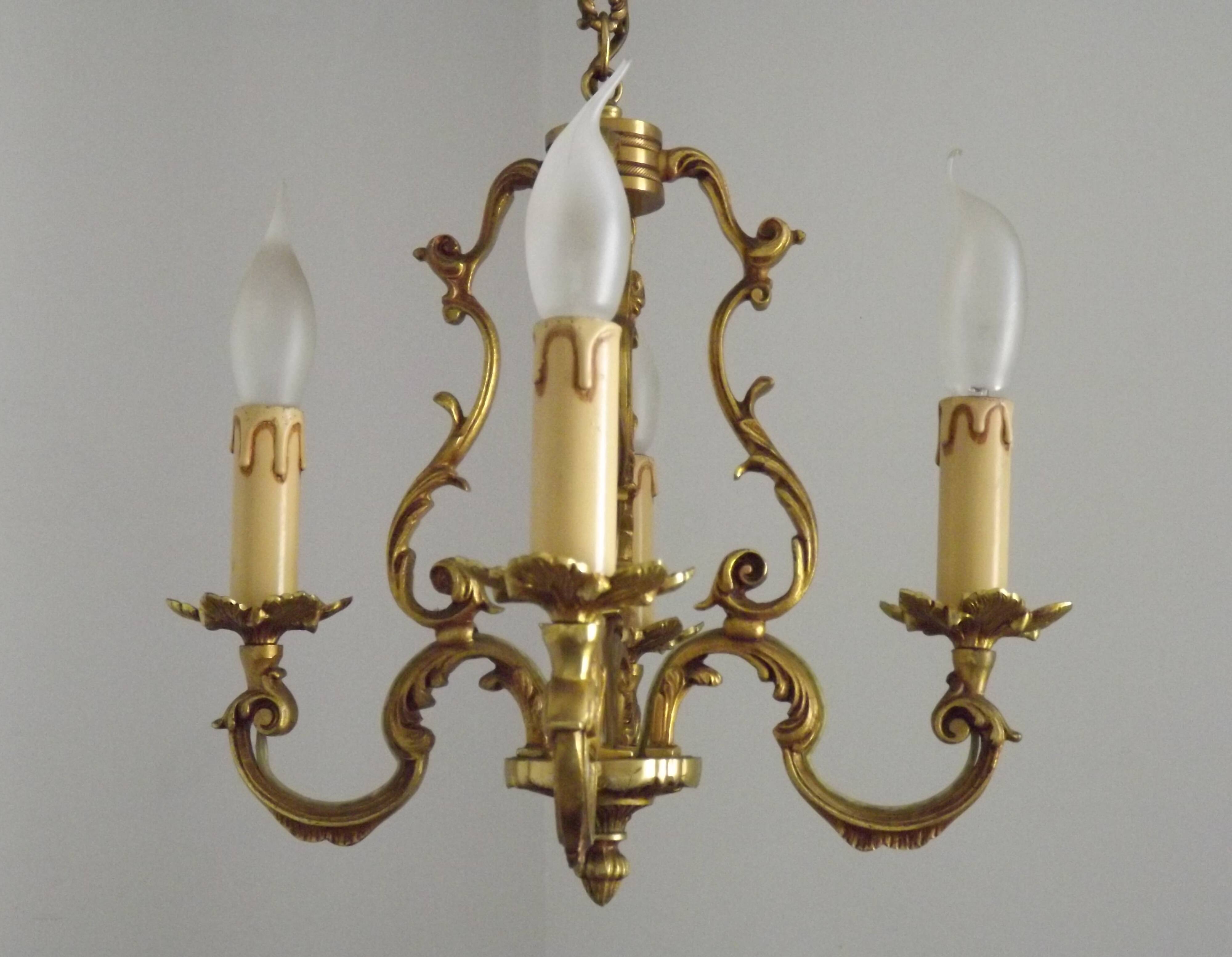 French Vintage Bronze Art Nouveau Style 4 Light 4 Sided Cage Chandelier