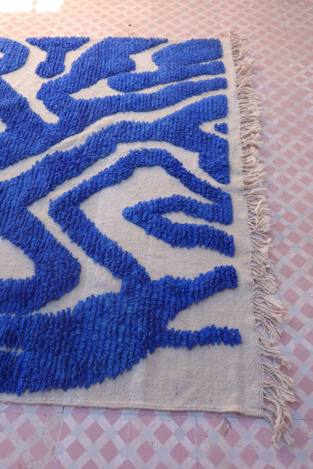 Klein blue and white Berber rug with abstract relief