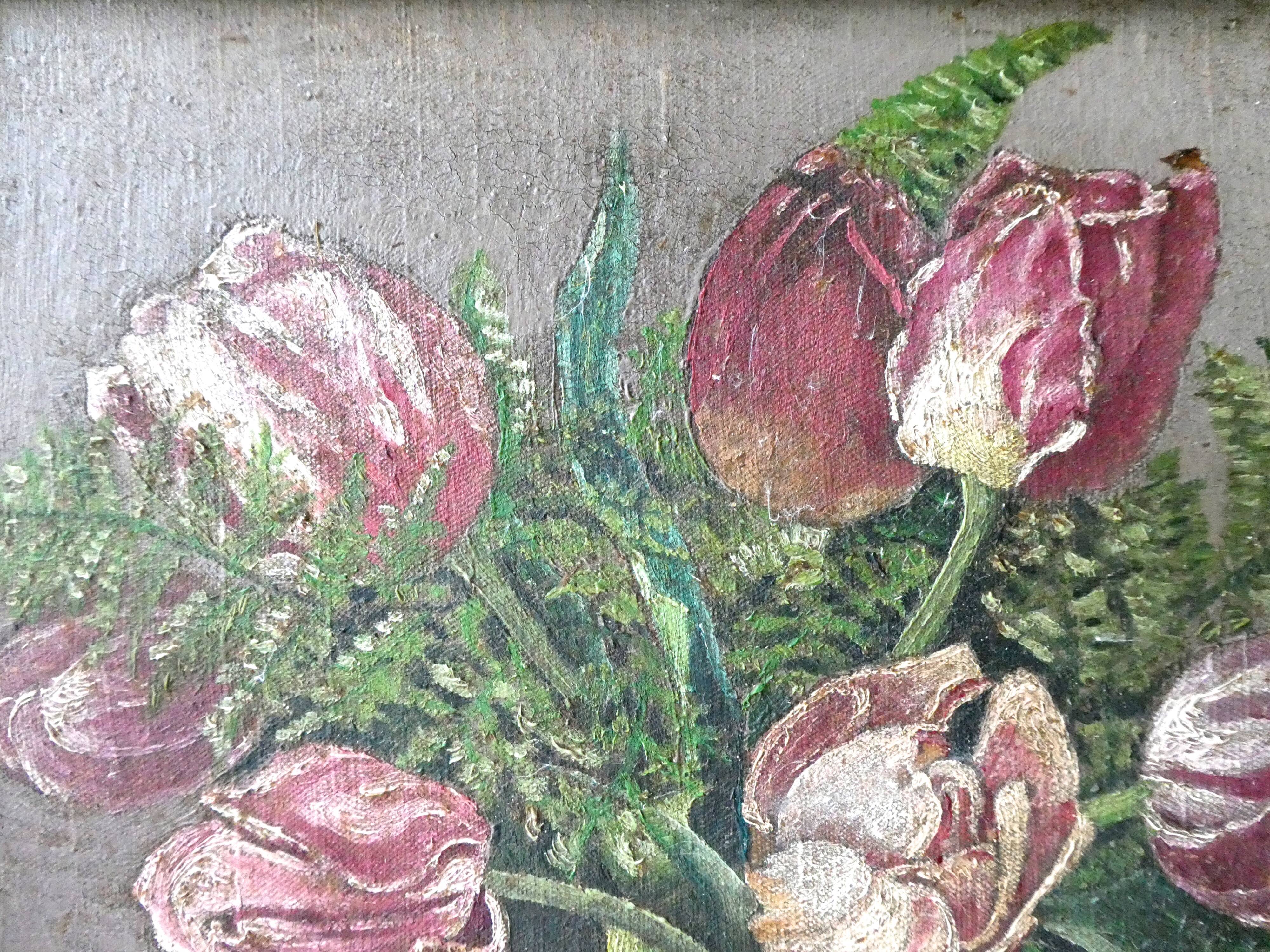 Painting, still life, bouquet of flowers, tulips and ferns