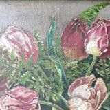 Painting, still life, bouquet of flowers, tulips and ferns