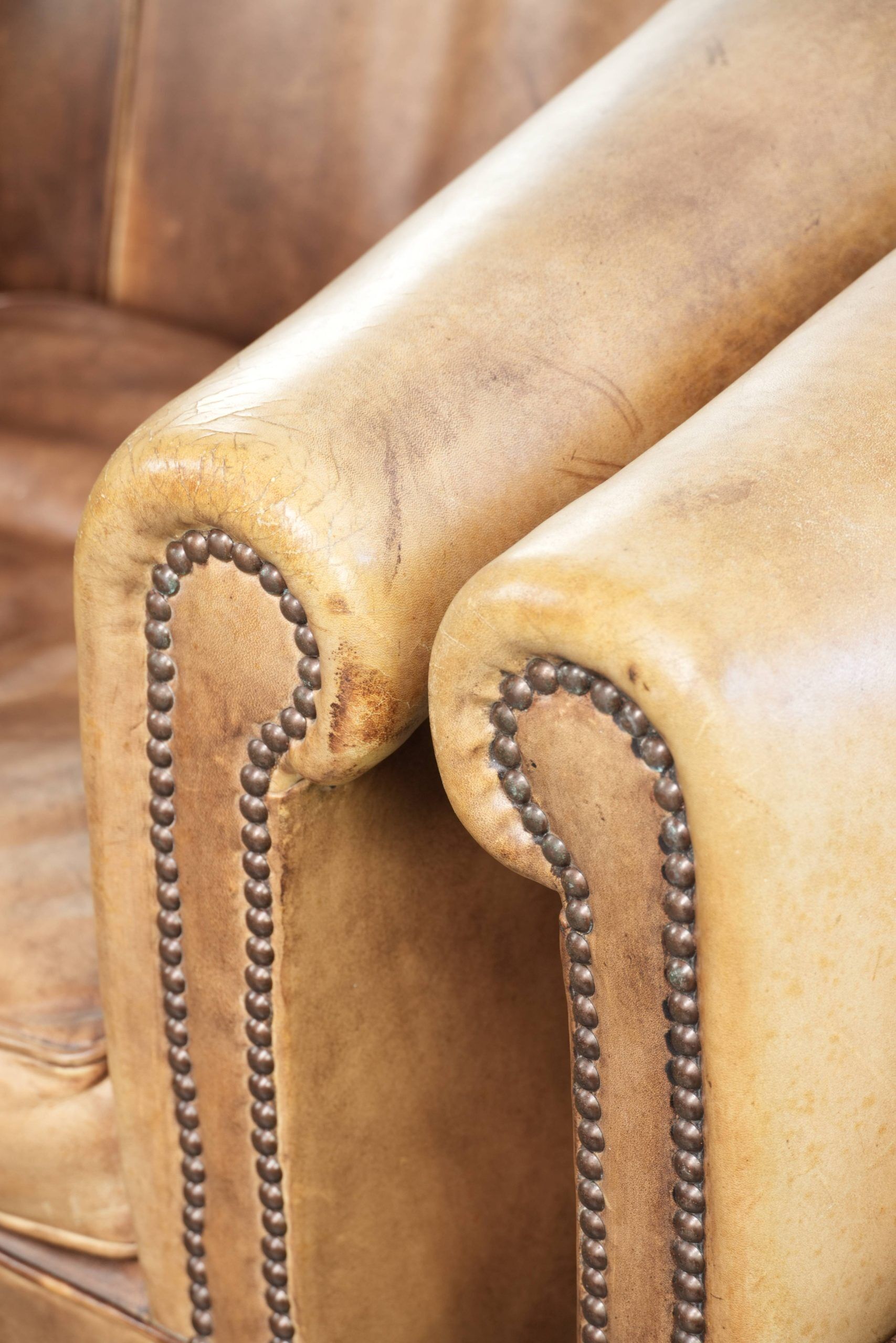 Set of two vintage cowhide club armchairs in English style