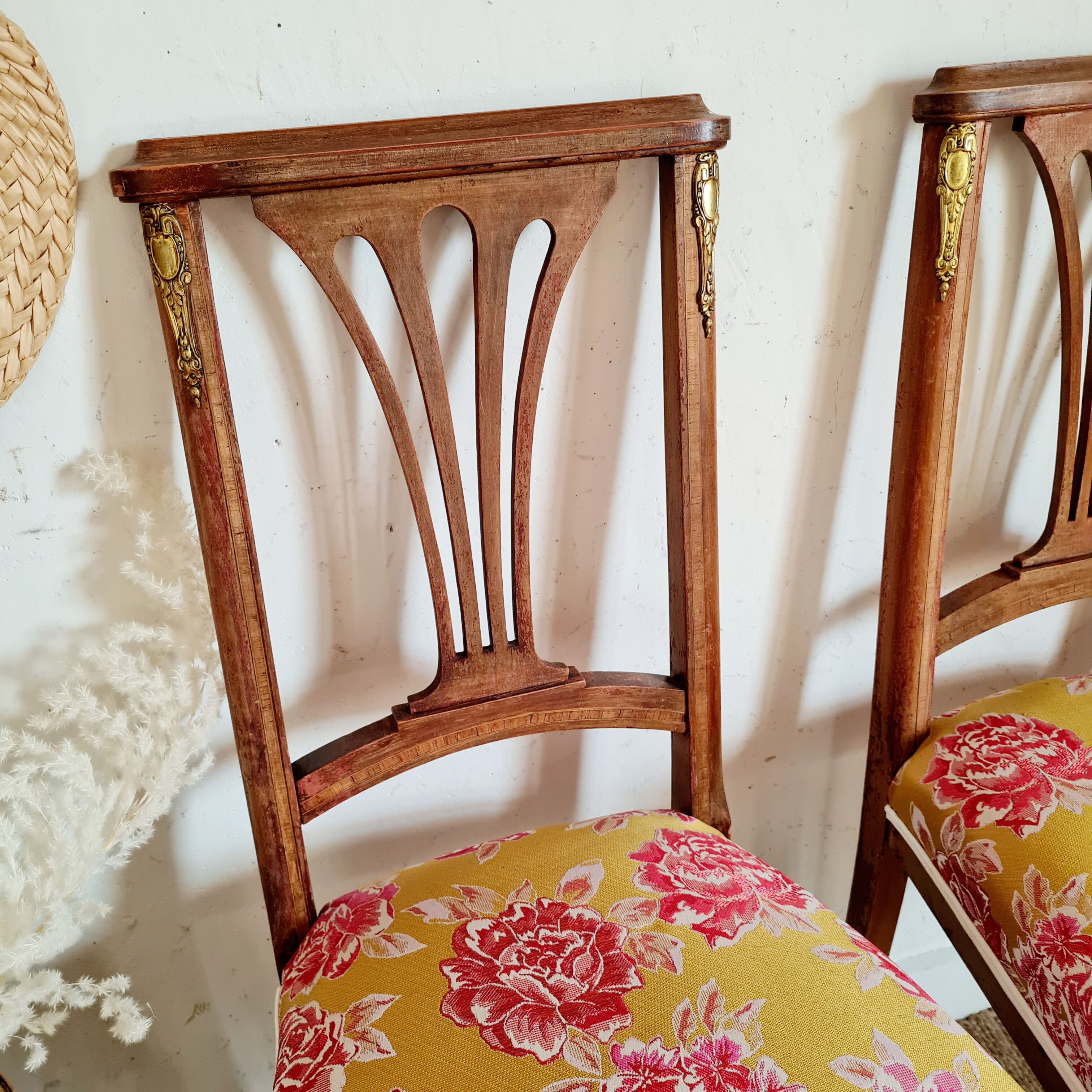 Duo of antique wooden chairs seated redone