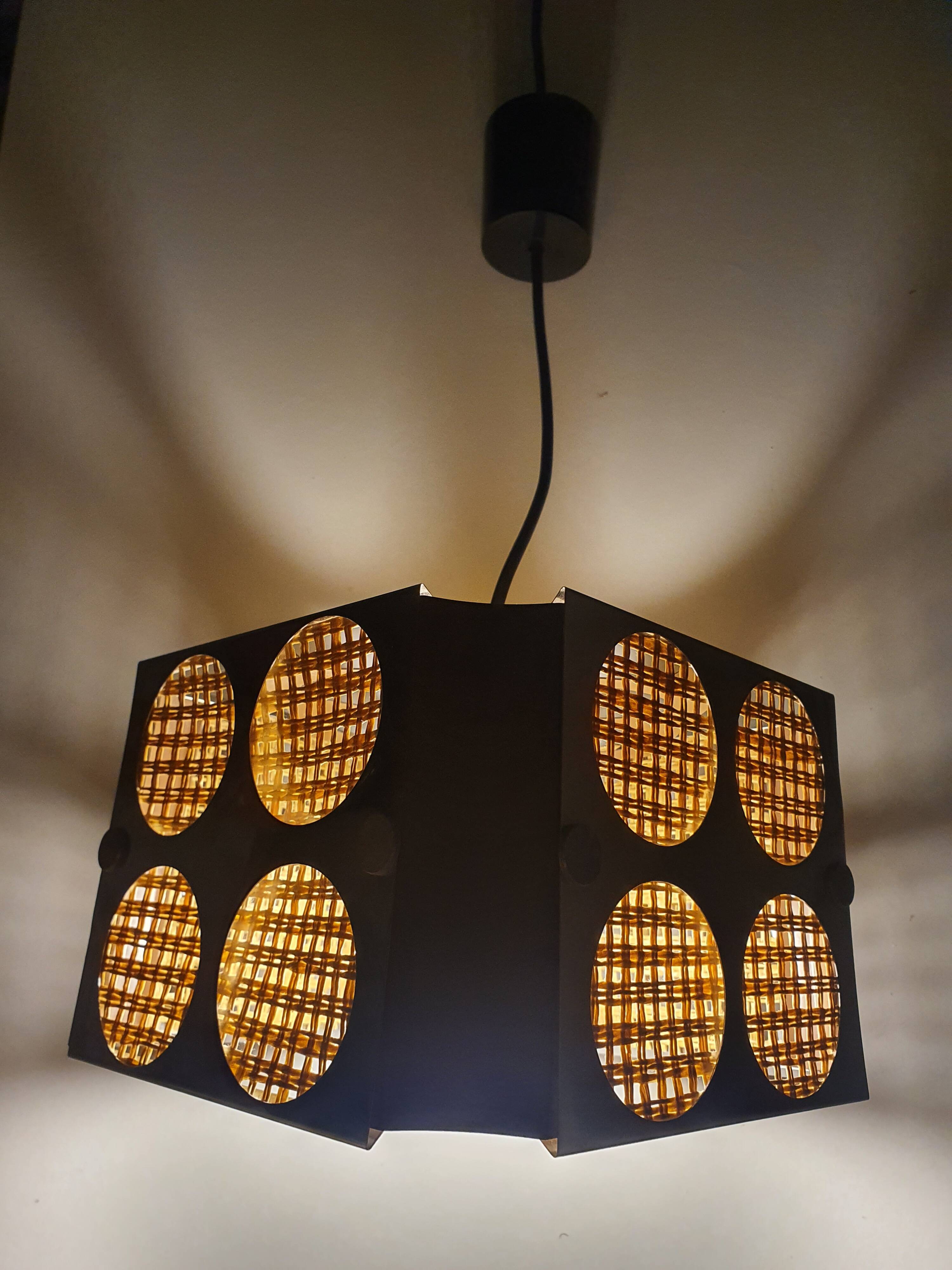 Two square metal chrome cane hanging lamps from the 70s
