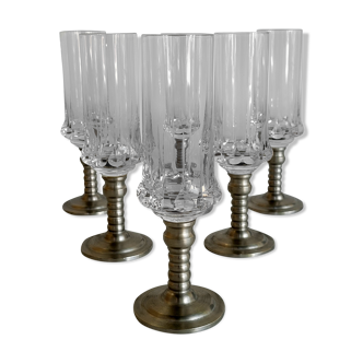 Series of six crystal champagne flute glass with tin foot