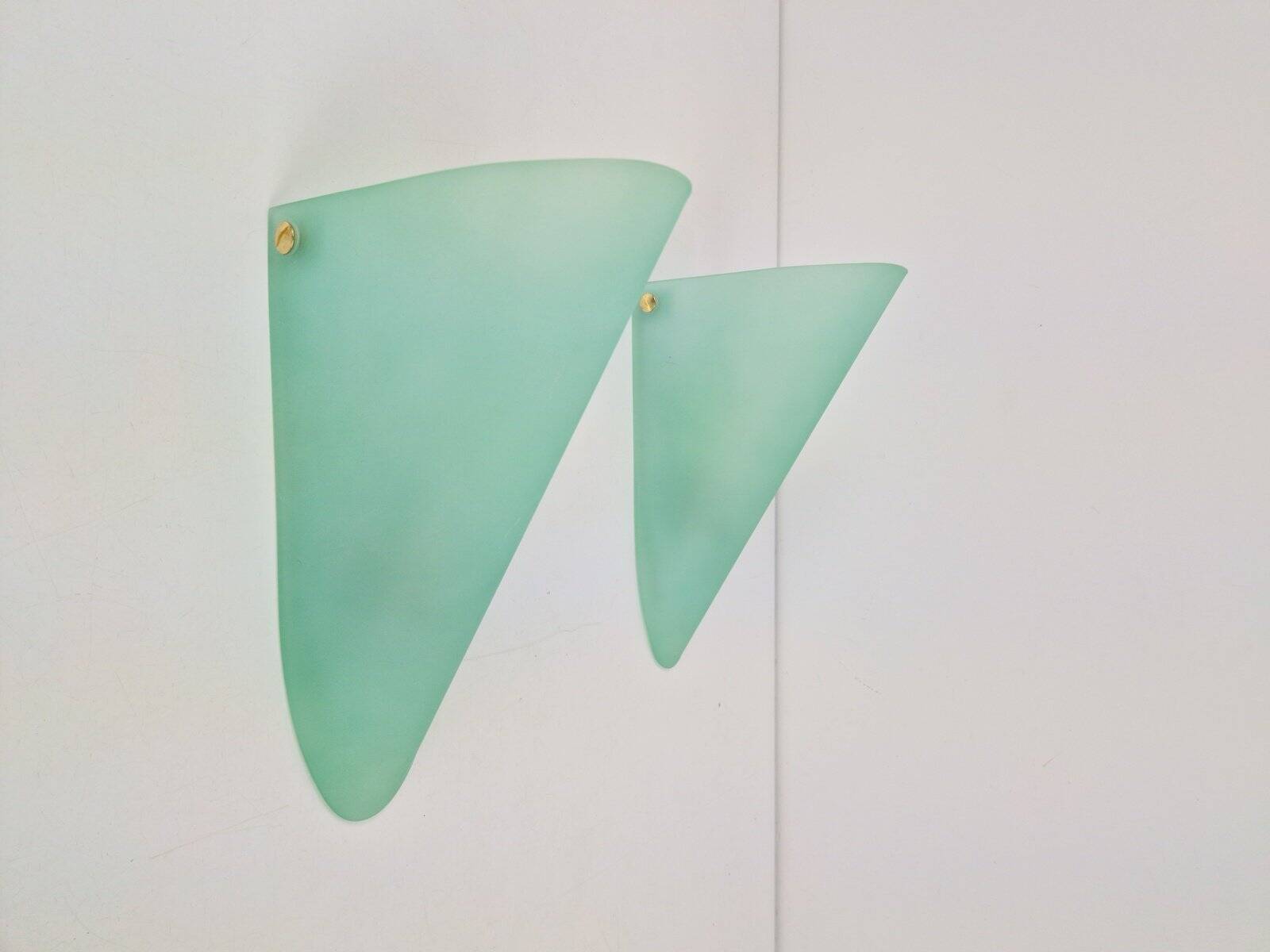 Vintage Triangular Conical Wall Sconces in Green Frosted Glass, 1990s, Set of 2