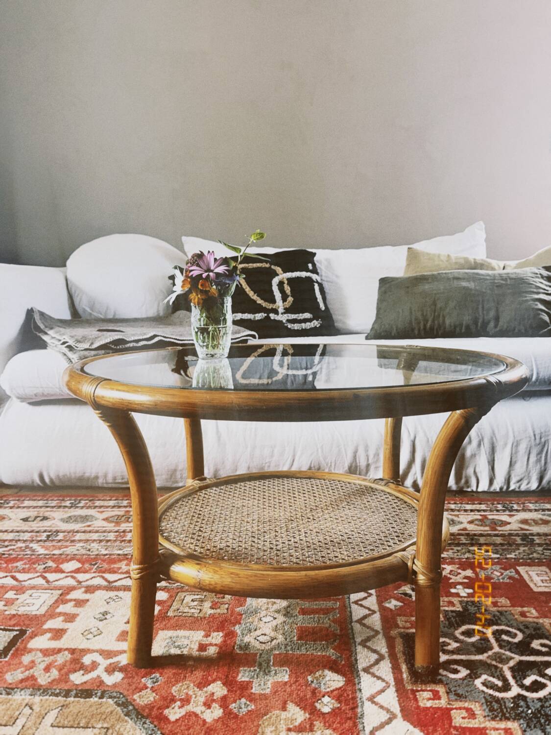Vintage rattan and glass coffee table