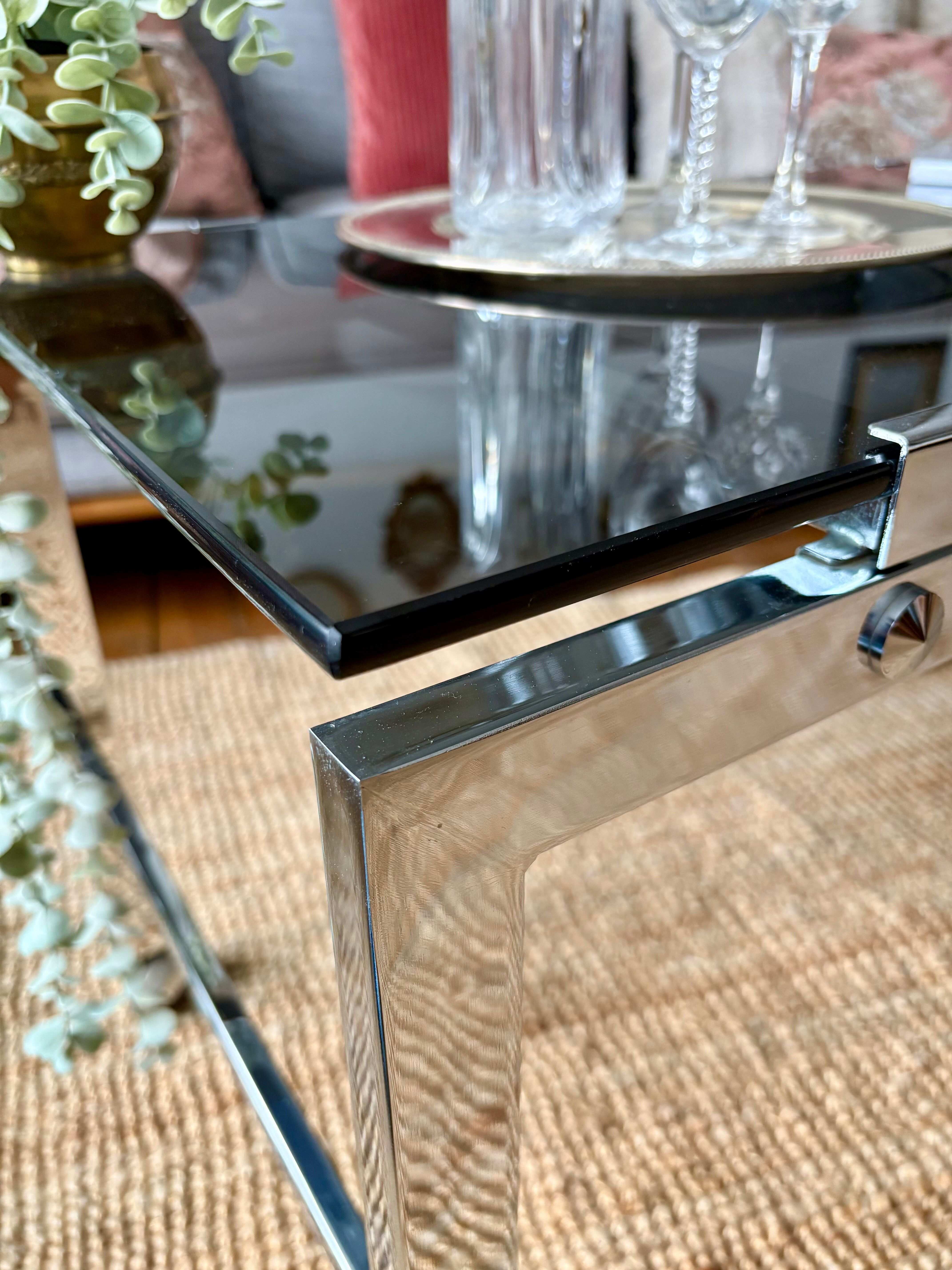 Chrome and smoked glass coffee table on wheels 1970