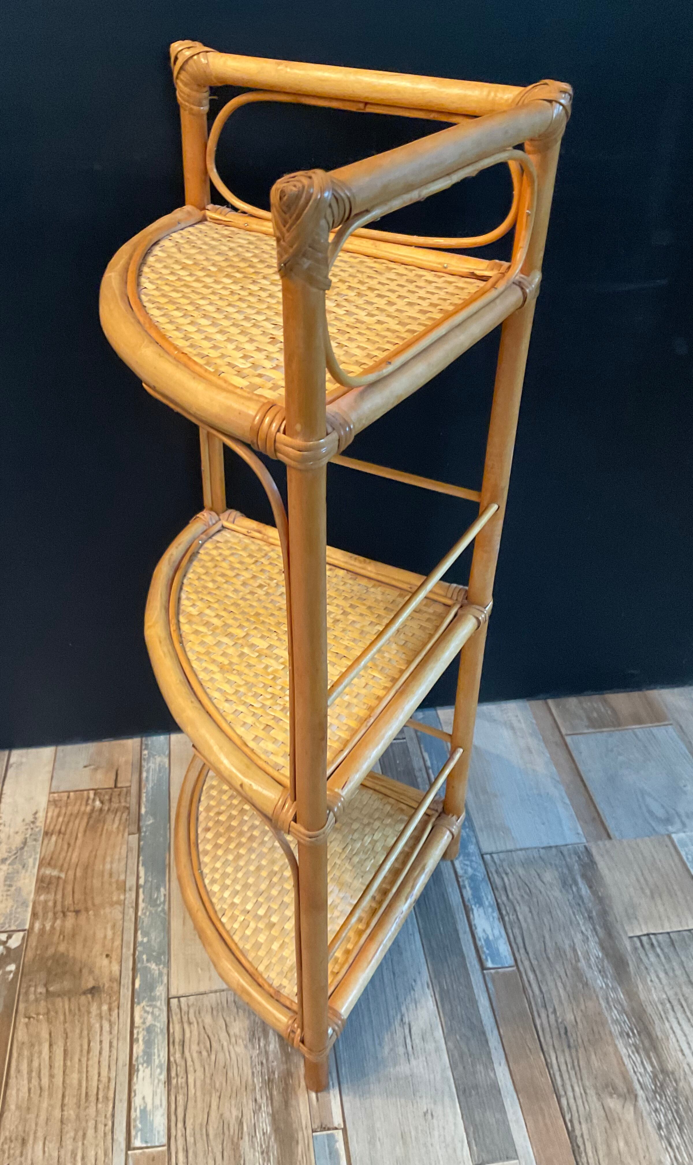 Vintage rattan and wicker corner shelf 70s