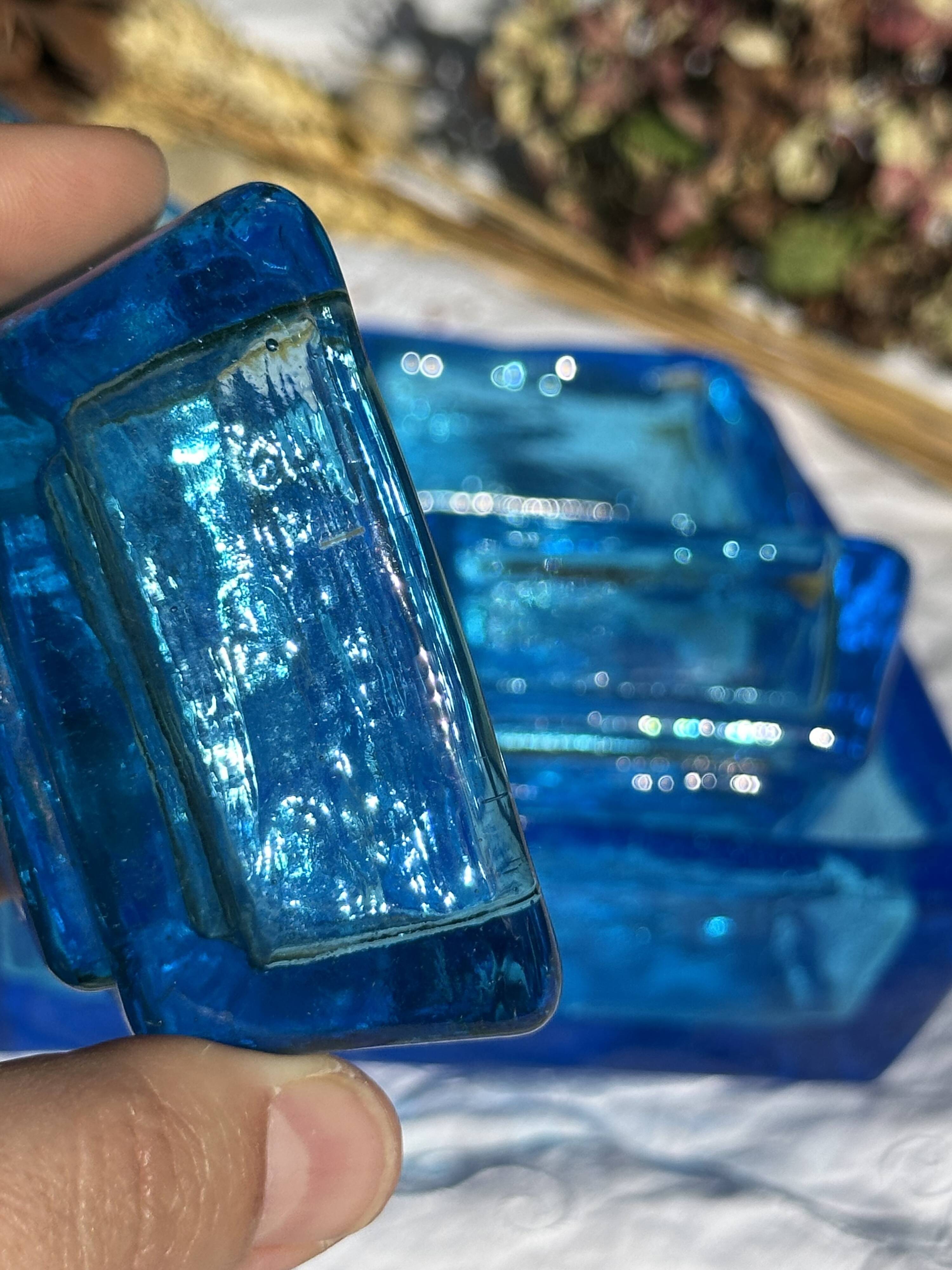Adorable Vintage Turquoise Blue Glass Square Ashtrays and Trays