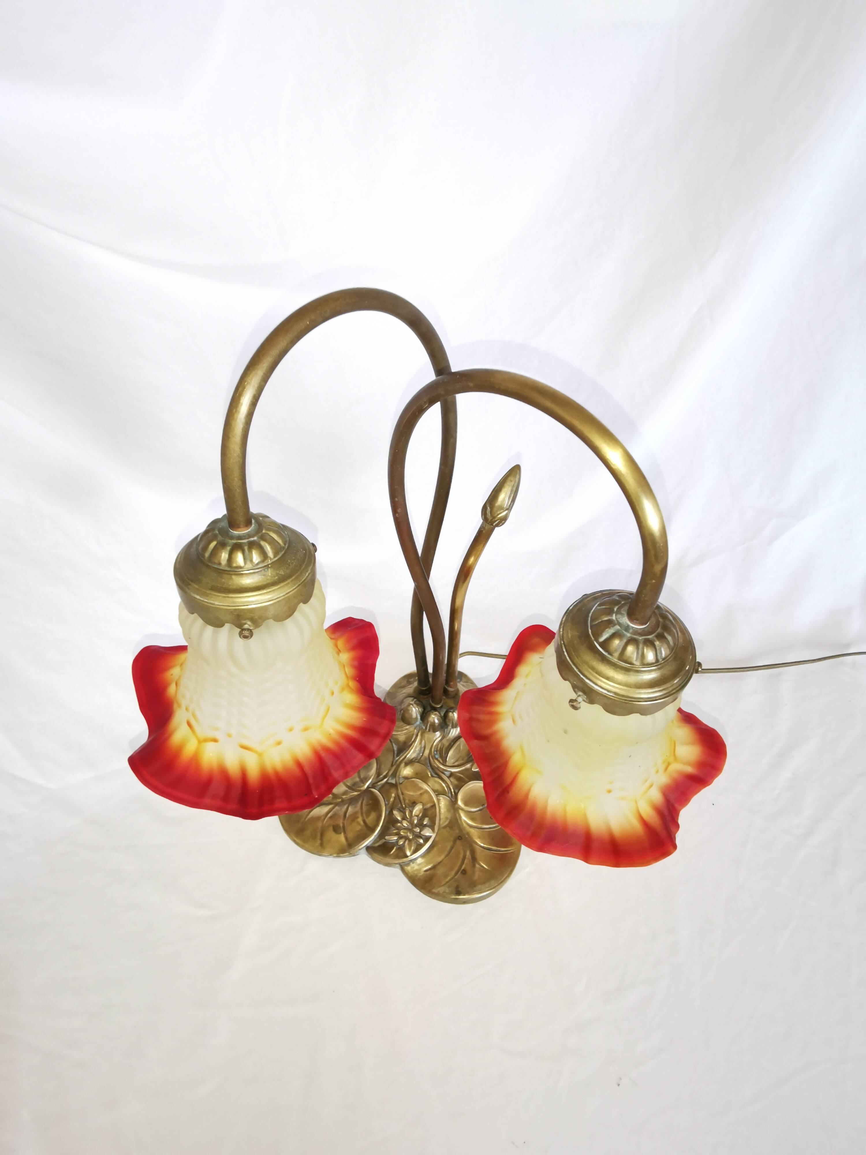 Brass water lily lamp and glass paste tulip, double, art nouveau style.