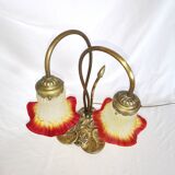 Brass water lily lamp and glass paste tulip, double, art nouveau style.