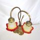 Brass water lily lamp and glass paste tulip, double, art nouveau style.