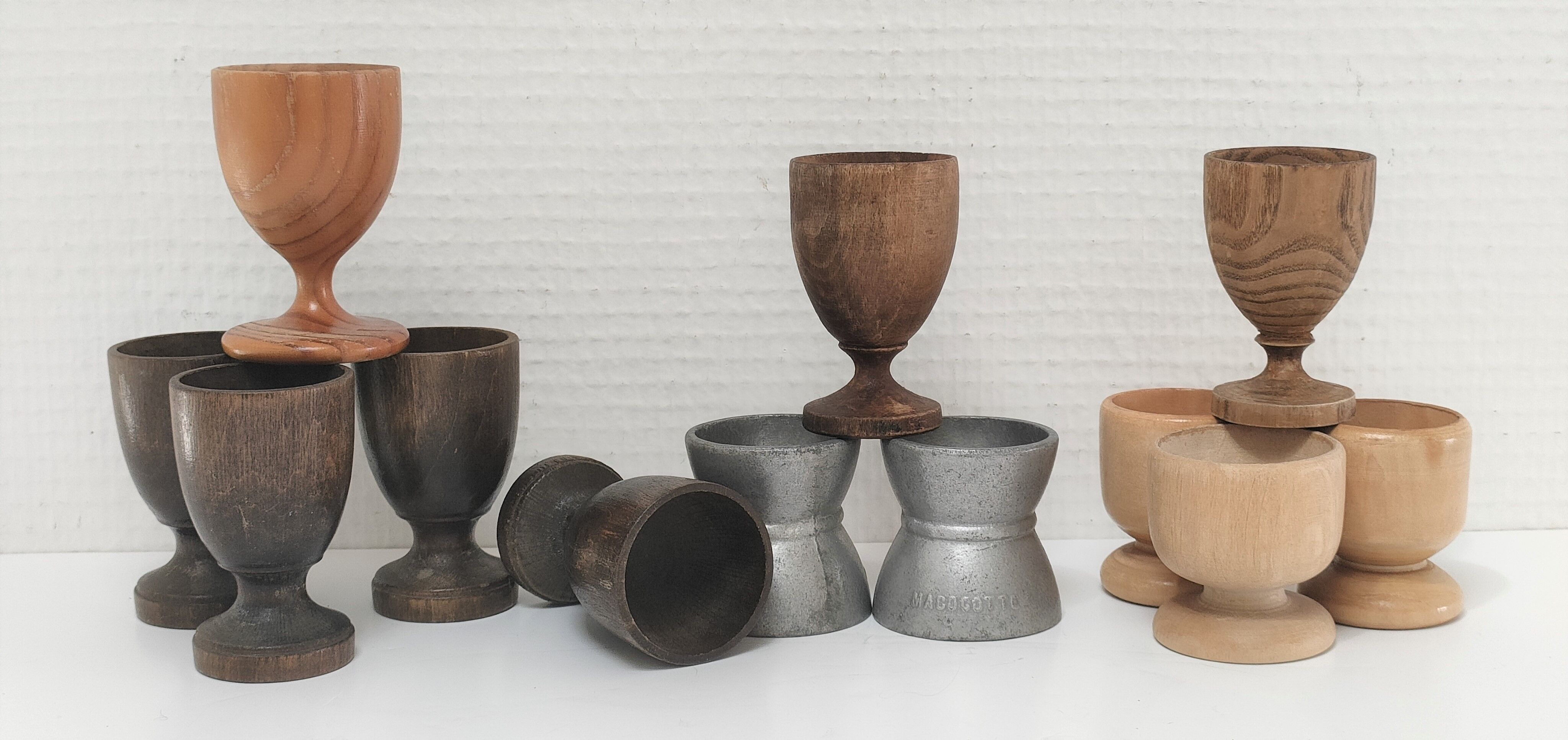 Set of twelve turned wood shells and vintage aluminum