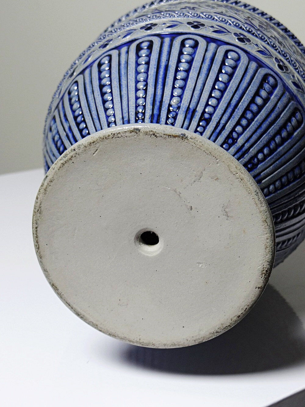Large salt-glazed stoneware beer jug with tin, Germany, Westerwald type.