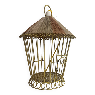 Table lamp and suspension, in yellow wrought iron, bird hide.