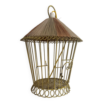 Lampe à poser et suspension, en fer forgé jaune, cache à oiseaux.