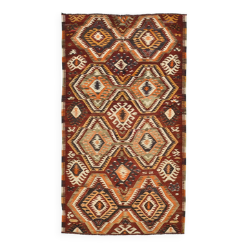 5x9 Dark Red & Cream Turkish Antique Kilim Rug, 150x271Cm