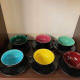 Set of 6 1960s coloured cups st clement faience with their saucers