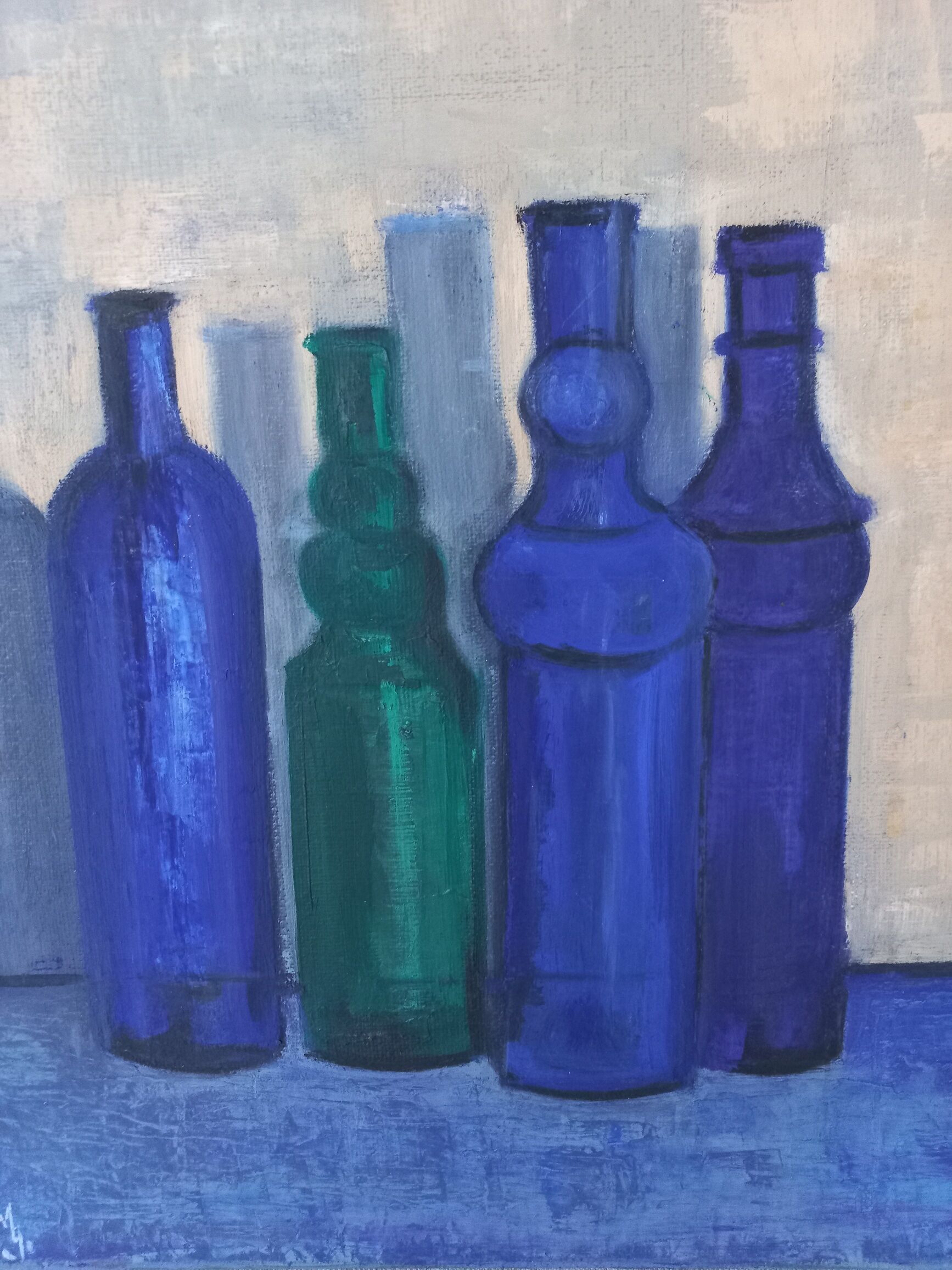 Still life on canvas bottles signed Majo Hilbey Poléo