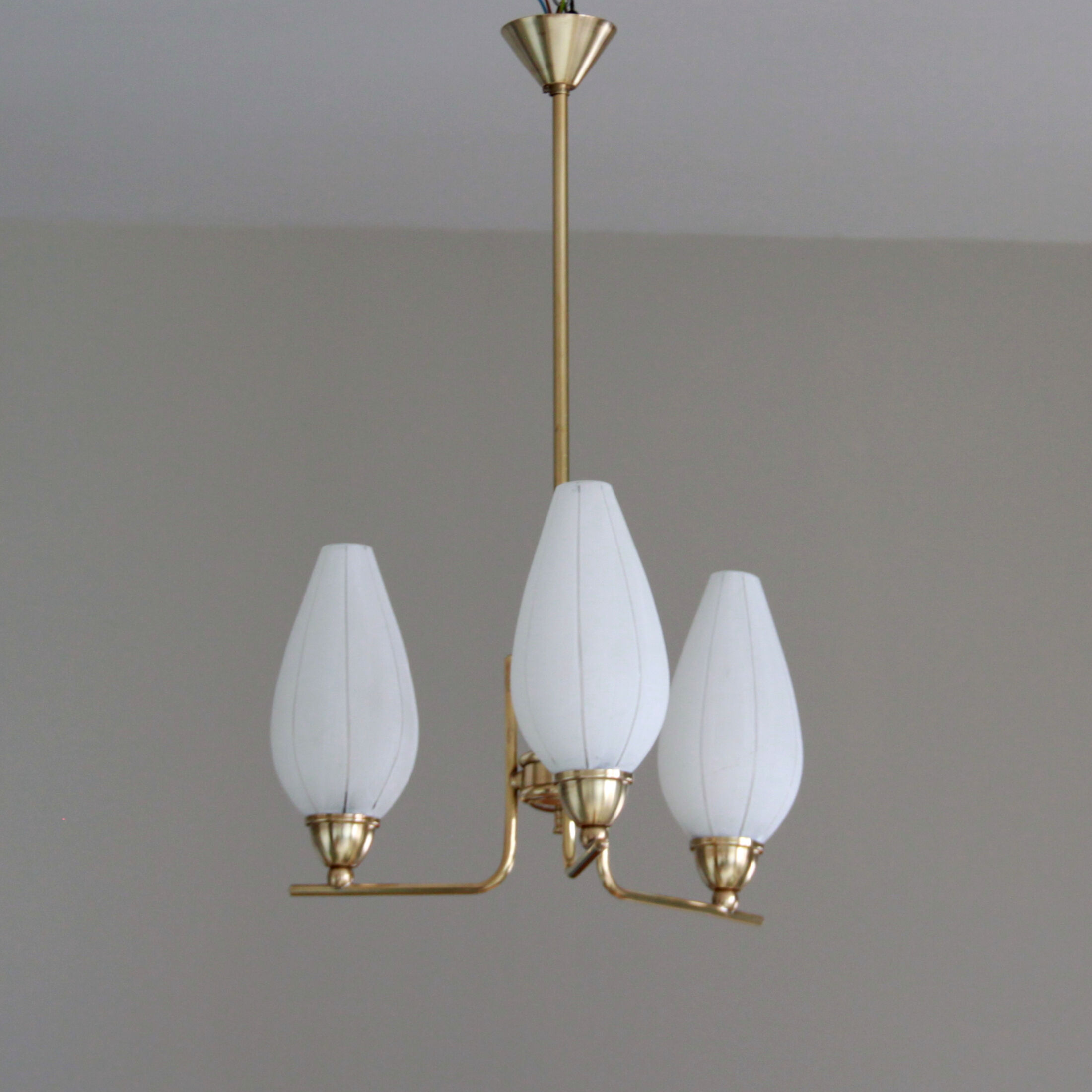 Brass chandelier and tulips in vintage white glass