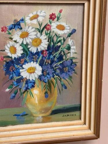 Mid-Century Oil on Panel “ Vase” by Sascher, Signed, Vintage & Framed 17 × 22cm
