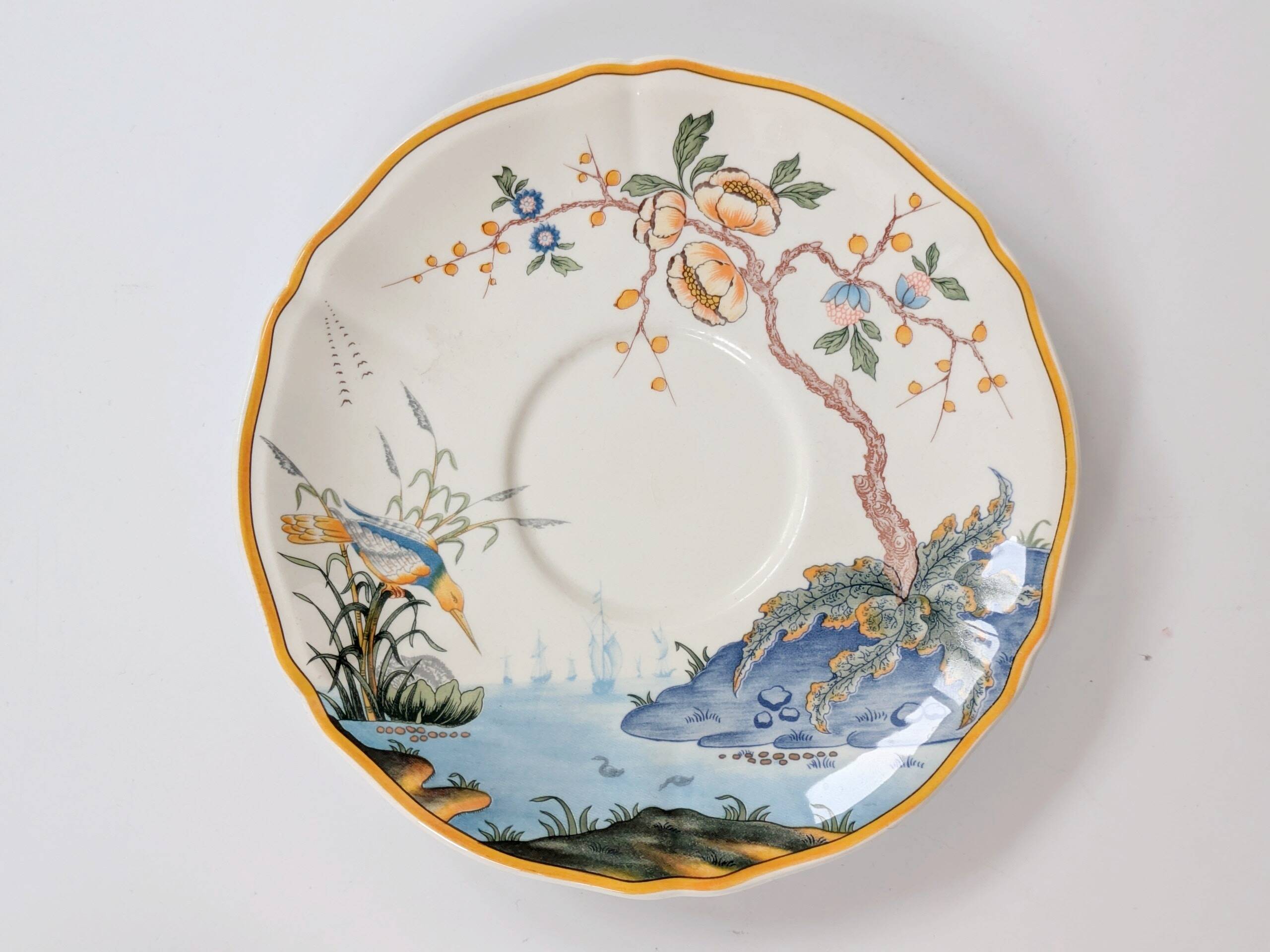 Set of 2 Gien Magellan "Caribbean" cups and saucers, vintage earthenware