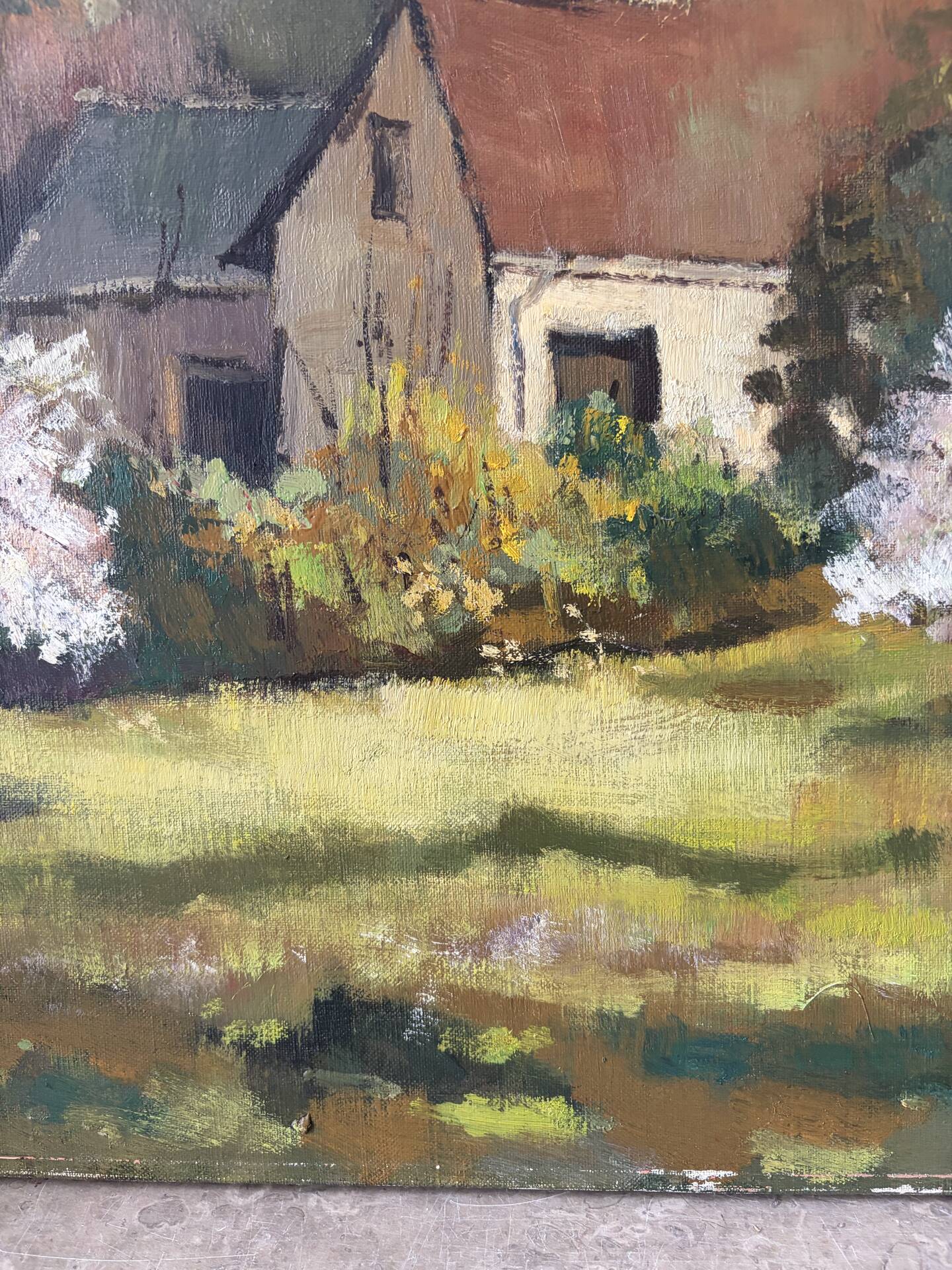 Le printemps au hameau, huile sur toile signé