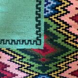Romanian flatwoven rug geometrical design on a green turquoise background, 158x185 cm