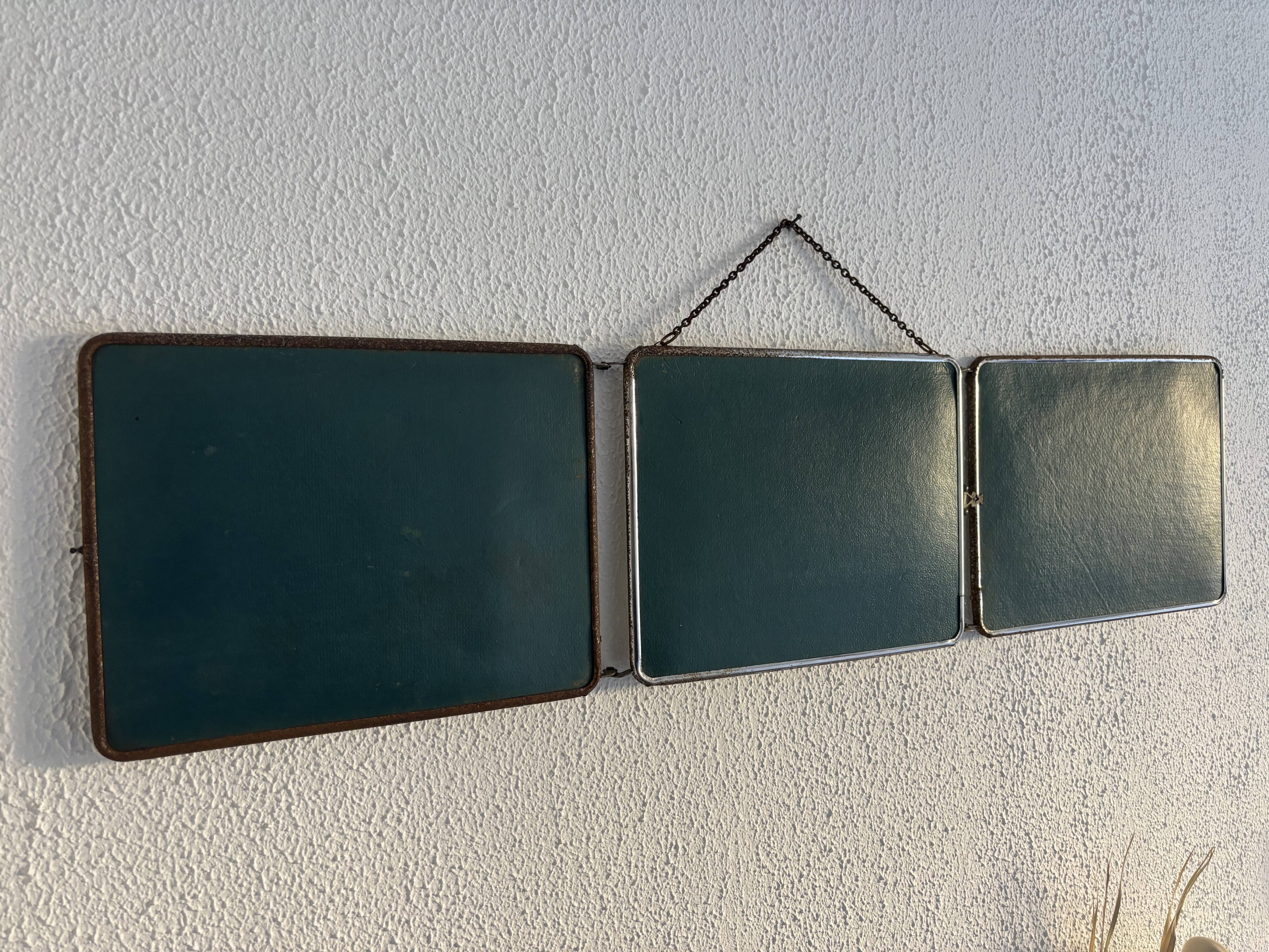 Vintage 1950s triptych barber mirror in duck blue - 22 x 86 cm