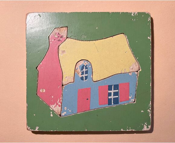 Tableau puzzle ancien en bois représentant une maison | Selency