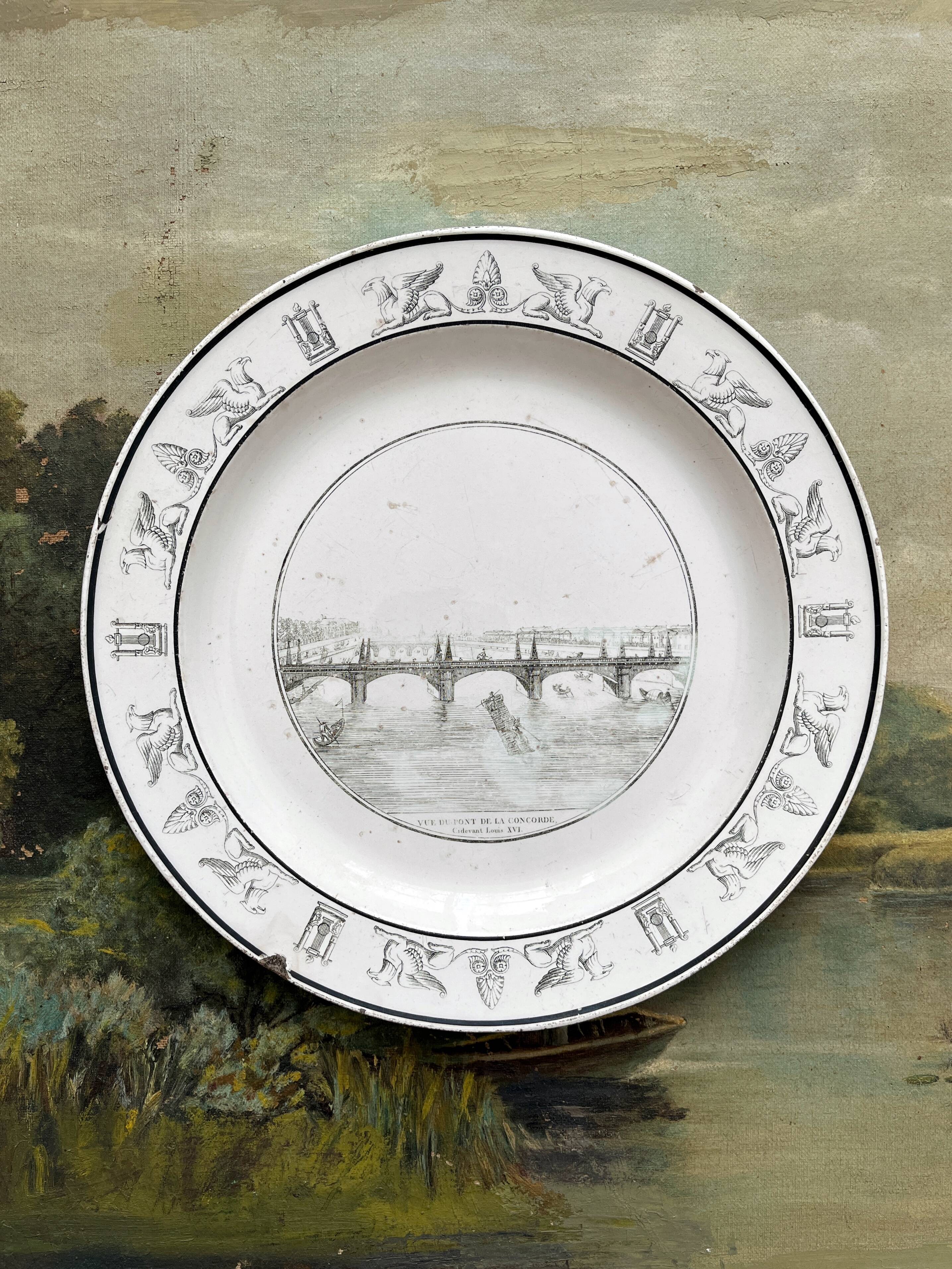Antique fine earthenware plate "Pont de la Concorde" Creil, early 19th century