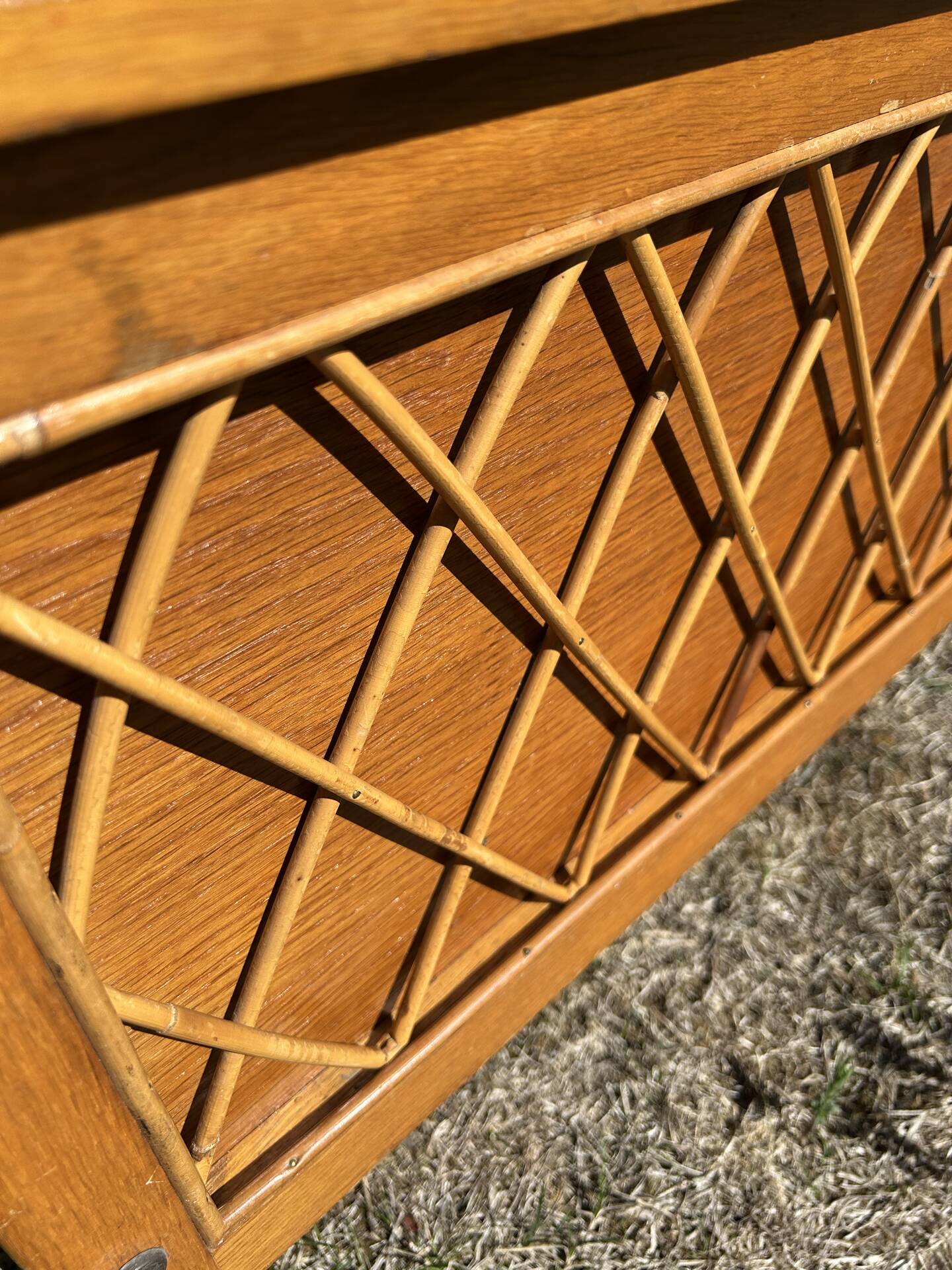 Vintage 1960s bank chest in light oak and rattan weaving.