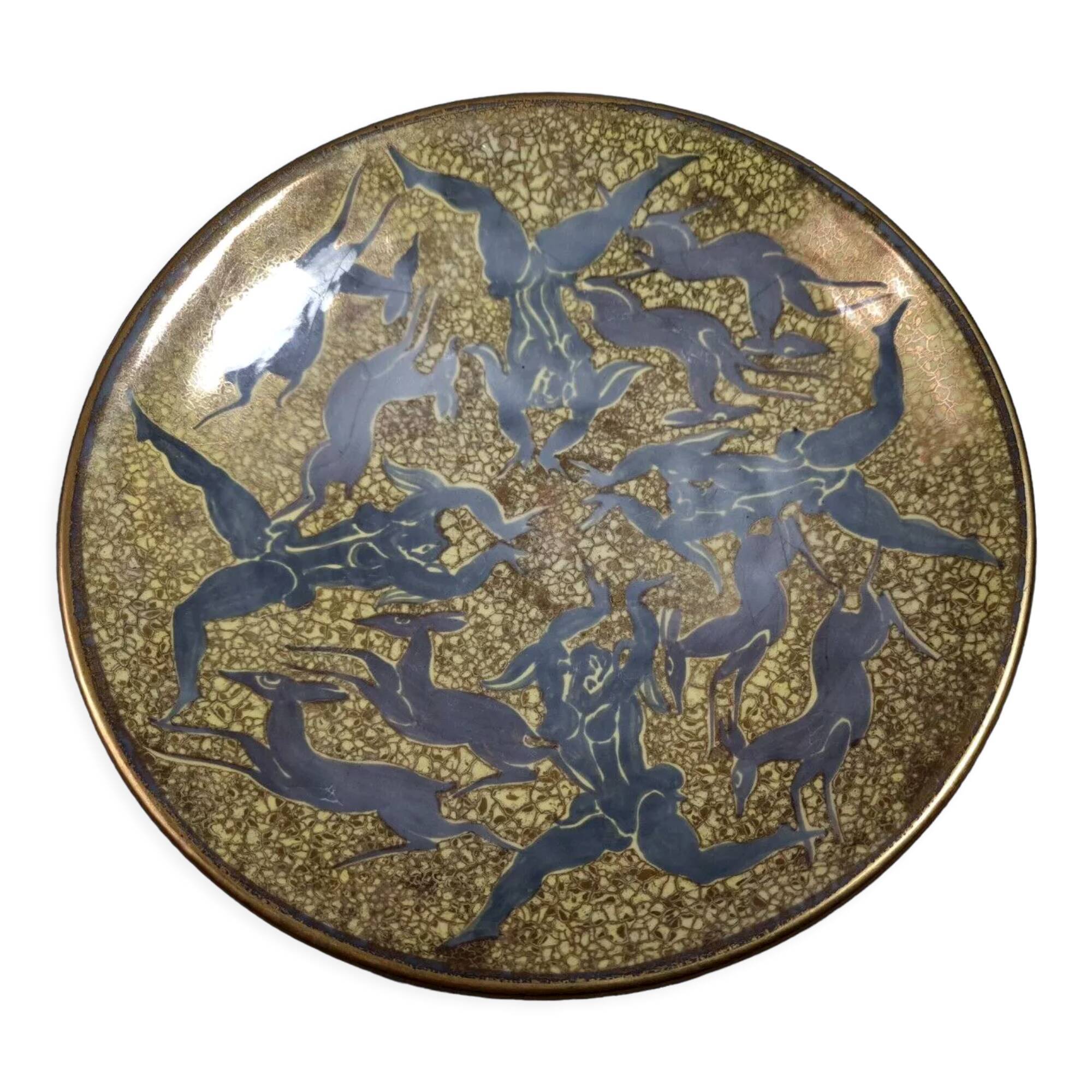 Jean Mayodon glazed ceramic cut decoration women and deer Signed SB