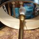 Leather and brass table lamp