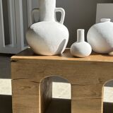 Solid monoxyl wood bench with carved 3-arch base - Natural wood color