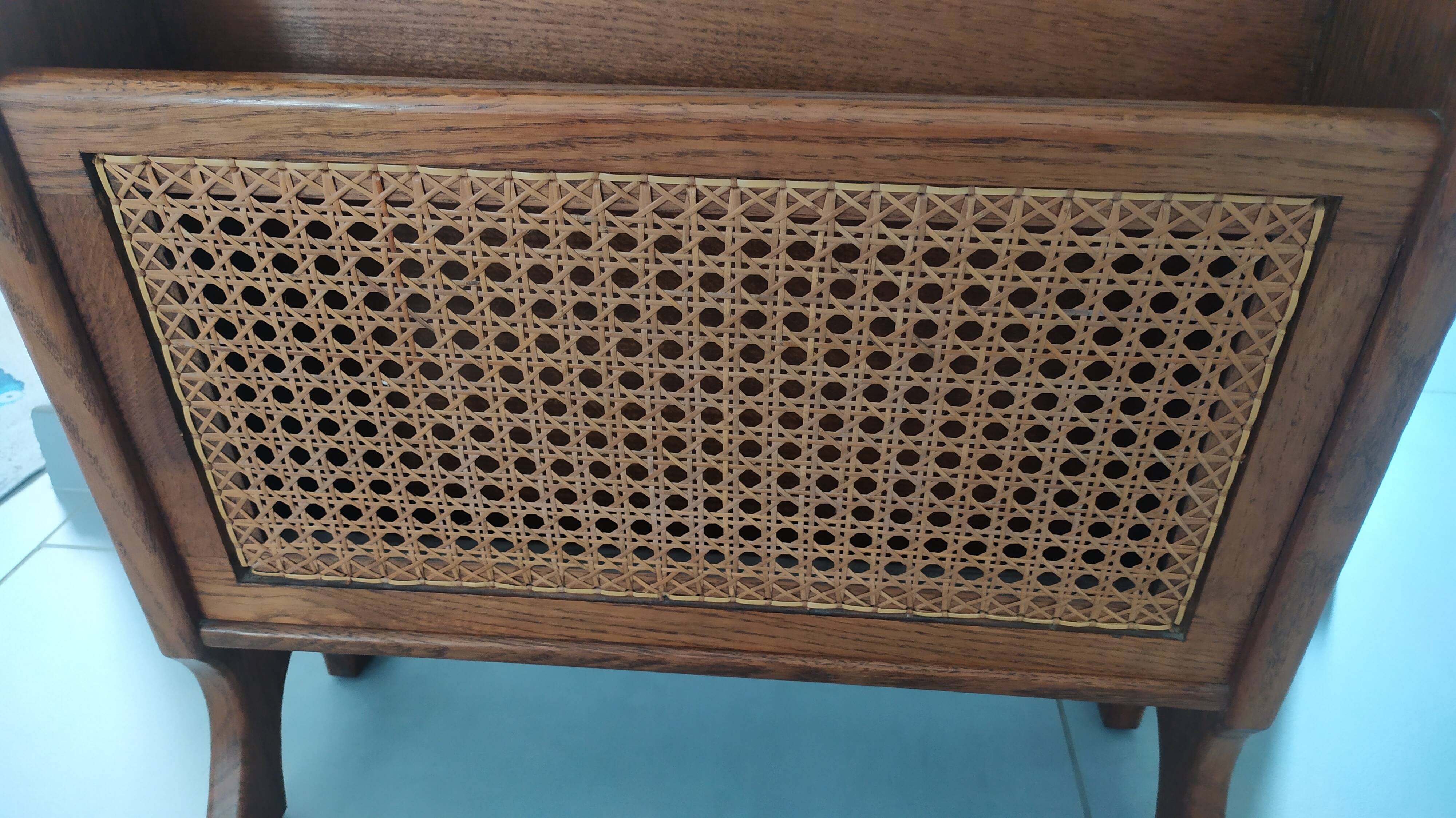 Side table, wooden magazine rack with caning.