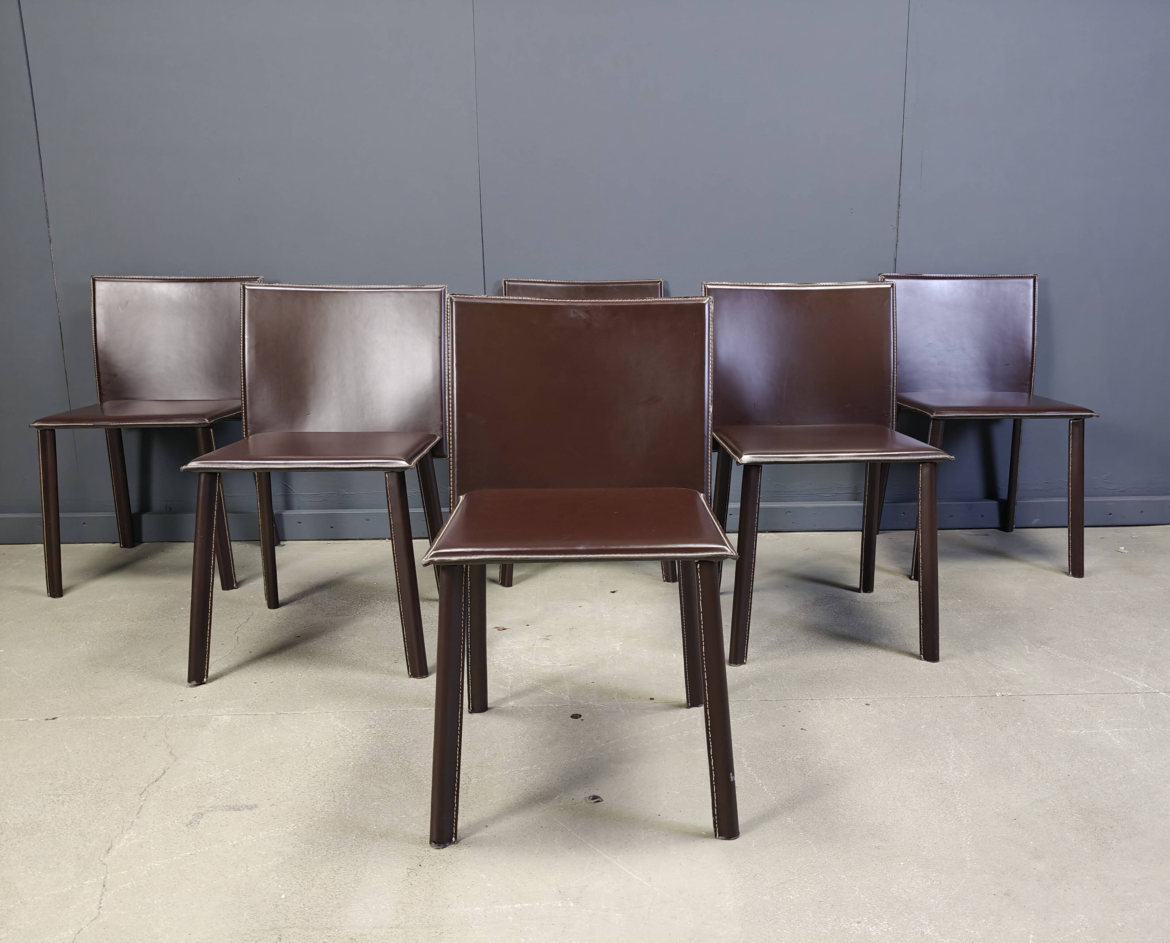 Vintage brown leather dining chairs, set of 6, 1980s