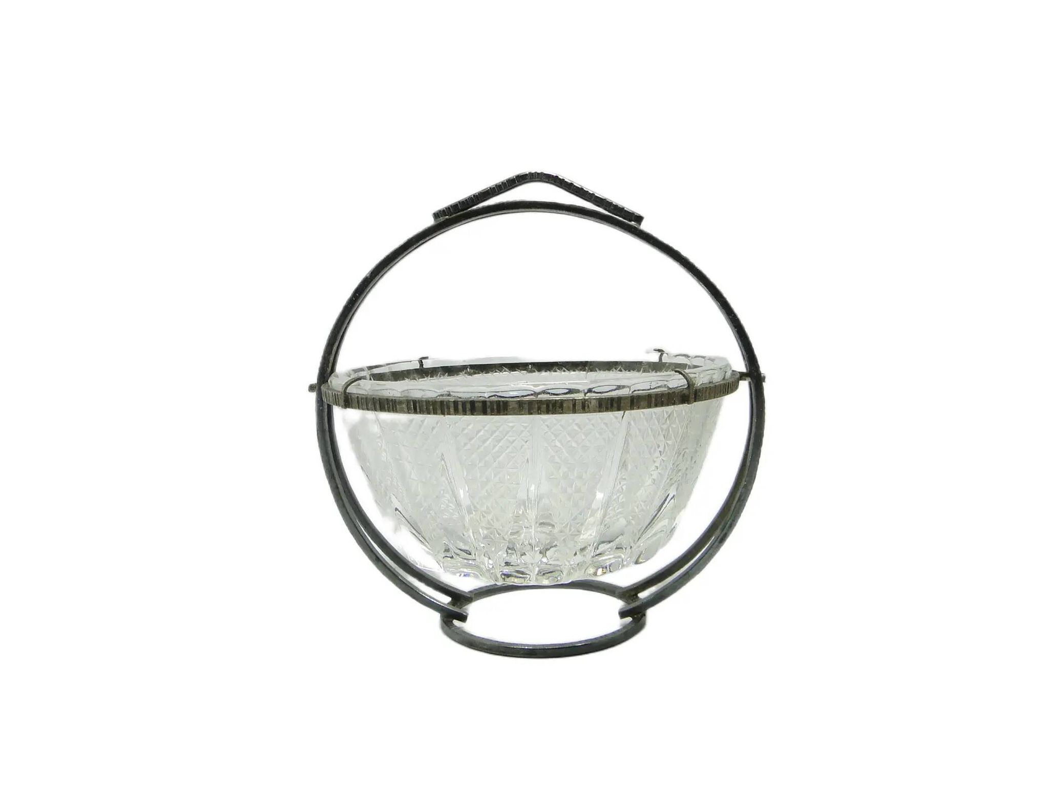 Sugar bowl, mid-century modern, transparent glass, silver-plated brass, Poland, 1960s.